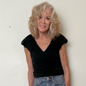 Black V‑Neck Ruffled Sleeve Top:  J. Crew